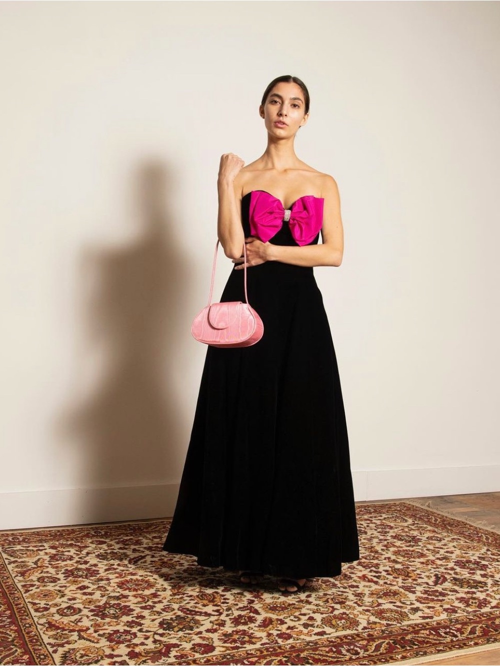 Victor Costa Vintage Strapless Black Ball Gown with Fuchsia Bow Detail - Picture 2 of 3
